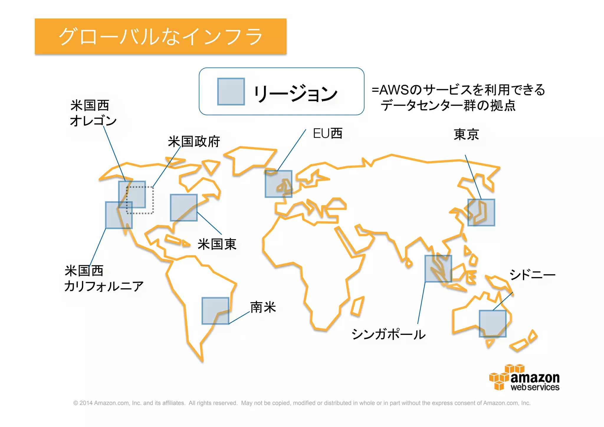 © 2014 Amazon.com, Inc. and its affiliates. All rights reserved. May not be copied, modified or distributed in whole or in part without the express consent of Amazon.com, Inc.
グローバルなインフラ
リージョン
米国西
オレゴン
EU西 東京
シンガポール
米国西
カリフォルニア
南米
米国東
米国政府
シドニー
=AWSのサービスを利用できる
データセンター群の拠点
 