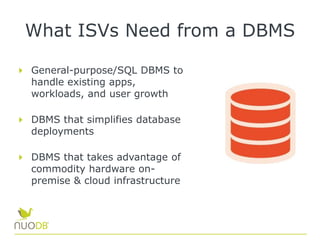 What ISVs Need from a DBMS
General-purpose/SQL DBMS to
handle existing apps,
workloads, and user growth
DBMS that simplifies database
deployments
DBMS that takes advantage of
commodity hardware on-
premise & cloud infrastructure
 