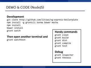 DEMO & CODE (NodeJS)
Development
git clone http://github.com/litiws/ng-express-boilerplate
npm install -g gruntcli karma bower mocha
npm install
bower install
grunt watch
Then open another terminal and
grunt watchtest
Handy commands
grunt clean
grunt build
grunt dist
grunt compile
grunt test
Debug
grunt inspector
grunt theseus
 
