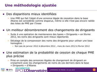 CONFERENCE DE PRESSE, 18 mars 2014 26
Une méthodologie ajustée
 Des disparitions mieux identifiées
> Une PME qui fait l’objet d’une annonce légale de cessation dans la base
Altares est considérée comme disparue, même si elle n’est pas encore radiée
des listes de PME par l’Insee
 Un meilleur dénombrement des changements de dirigeants
> Suite à une opération de maintenance des bases « Dirigeants » en février
2012, les noms des dirigeants sont mieux répertoriés
> Décalage de la comparaison des noms des dirigeants pour utiliser une base
homogène :
• Non pas de janvier 2012 à décembre 2012 , mais de mars 2012 à février 2012
 Une estimation de la probabilité de cession de chaque PME
plus précise
> Prise en compte des annonces légales de changement de dirigeant en
croisement avec les changements de noms de ces derniers dans la base
« Dirigeants » d’Altares
 