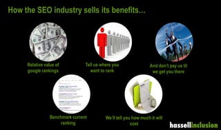 How the SEO industry sells its benefits…
Relative value of
google rankings
Benchmark current
ranking
And don’t pay us til
we get you there
We’ll tell you how much it will
cost
Tell us where you
want to rank
 