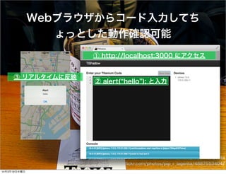 Photo By Pip R. Lagenta
http://www.ﬂickr.com/photos/pip_r_lagenta/4887553404/
Webブラウザからコード入力してち
ょっとした動作確認可能
① http://localhost:3000 にアクセス
② alert( hello ); と入力
③ リアルタイムに反映
14年3月19日水曜日
 