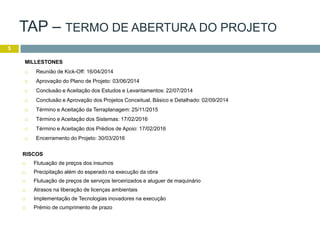 5
RISCOS
 Flutuação de preços dos insumos
 Precipitação além do esperado na execução da obra
 Flutuação de preços de serviços terceirizados e aluguer de maquinário
 Atrasos na liberação de licenças ambientais
 Implementação de Tecnologias inovadores na execução
 Prémio de cumprimento de prazo
MILLESTONES
 Reunião de Kick-Off: 16/04/2014
 Aprovação do Plano de Projeto: 03/06/2014
 Conclusão e Aceitação dos Estudos e Levantamentos: 22/07/2014
 Conclusão e Aprovação dos Projetos Conceitual, Básico e Detalhado: 02/09/2014
 Término e Aceitação da Terraplanagem: 25/11/2015
 Término e Aceitação dos Sistemas: 17/02/2016
 Término e Aceitação dos Prédios de Apoio: 17/02/2016
 Encerramento do Projeto: 30/03/2016
TAP – TERMO DE ABERTURA DO PROJETO
 