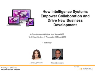 The Intelligence Collaborative
http://IntelCollab.com #IntelCollab
Powered by
How Intelligence Systems
Empower Collaboration and
Drive New Business
Development
A Complimentary Webinar from Aurora WDC
12:00 Noon Eastern /// Wednesday 19 March 2014
~ featuring ~
Zena Applebaum Michel Bernaiche
 