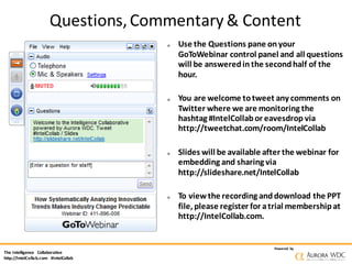The Intelligence Collaborative
http://IntelCollab.com #IntelCollab
Powered by
α Use the Questions pane onyour
GoToWebinar ...