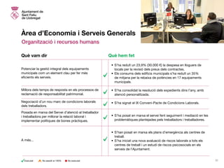 Àrea d’Economia i Serveis Generals
Organització i recursos humans
•	S’ha reduït un 23,9% (30.000 €) la despesa en lloguers de
locals per la revisió dels preus dels contractes.
•	Els consums dels edificis municipals s’ha reduït un 35%
de mitjana per la rebaixa de potències en 17 equipaments
municipals.
•	S’ha consolidat la resolució dels expedients dins l’any, amb
atenció personalitzada.
•	S’ha signat el IX Conveni-Pacte de Condicions Laborals.
•	S’ha posat en marxa el servei fent seguiment i mediació en les
problemàtiques plantejades pels treballadors i treballadores.
•	S’han posat en marxa els plans d’emergència als centres de
treball.
•	S’ha iniciat una nova avaluació de riscos laborals a tots els
centres de treball i un estudi de riscos psicosocials en els
serveis de l’Ajuntament.
Potenciar la gestió integral dels equipaments
municipals com un element clau per fer més
eficients els serveis.
Millora dels temps de resposta en els processos de
reclamació de responsabilitat patrimonial.
Negociació d’un nou marc de condicions laborals
dels treballadors.
Posada en marxa del Servei d’atenció al treballador
i treballadora per millorar la relació laboral i
implementar polítiques de bones pràctiques.
A més...
Què vam dir Què hem fet
No executatExecutat No assolit al 100% 32
 