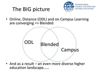 The BIG picture
• Online, Distance (ODL) and on Campus Learning
are converging => Blended
BlendedODL
Campus
• And as a result – an even more diverse higher
education landscape……
 