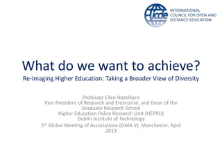 What do we want to achieve?
Re-imaging Higher Education: Taking a Broader View of Diversity
Professor Ellen Hazelkorn
Vice President of Research and Enterprise, and Dean of the
Graduate Research School
Higher Education Policy Research Unit (HEPRU)
Dublin Institute of Technology
5th Global Meeting of Associations (GMA V), Manchester, April
2013
 
