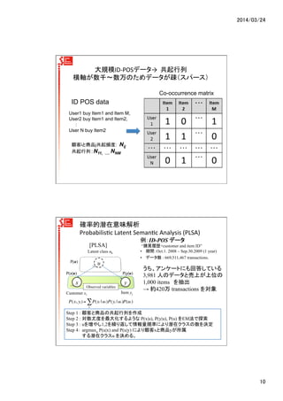 2014/03/24	
10	
大規模ID-­‐POSデータ→	
  	
  共起行列	
  
横軸が数千〜数万のためデータが疎（スパース）	
User1 buy Item1 and Item M,
User2 buy Item1 and Item2,
:
User N buy Item2	
ID POS data	
Co-occurrence matrix	
顧客iと商品j共起頻度: Nij
共起行列：N11, …. NNM 	
[PLSA]
y	
x	
u	
P(u)
P(x|u) P(y|u)
Customer xi
Item yj
Observed variables
Latent class uk
例：ID-POS データ
“購買履歴+customer and item ID”
•  期間：Oct.1. 2008 – Sep.30.2009 (1 year)
•  データ数 : 669,511,467 transactions.
確率的潜在意味解析	
  
ProbabilisNc	
  Latent	
  SemanNc	
  Analysis	
  (PLSA)	
Step 1 : 顧客と商品の共起行列を作成
Step 2 : 対数尤度を最大化するような P(x|u), P(y|u), P(u) をEM法で探索
Step 3 : uを増やし1,2を繰り返して情報量規準により潜在クラスの数を決定
Step 4： argmaxu P(u|x) and P(u|y) により顧客xと商品yが所属
　　　　　する潜在クラスu を決める。
うち、アンケートにも回答している
3,981 人のデータと売上が上位の
1,000 items　を抽出
→ 約420万 transactions を対象	
P(xi, yj) = P(xi | uk)P(yj | uk)
k
∑ P(uk)
 