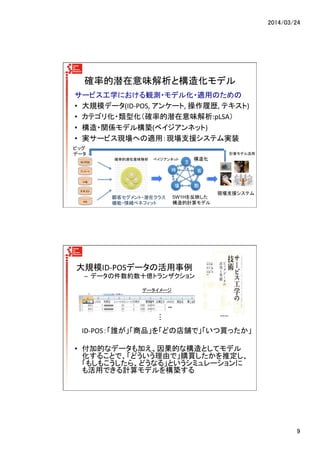 2014/03/24	
9	
確率的潜在意味解析と構造化モデル	
サービス工学における観測・モデル化・適用のための	
  
•  大規模データ(ID-­‐POS,	
  アンケート,	
  操作履歴,	
  テキスト)	
  
•  カテゴリ化・類型化（確率的潜在意味解析:pLSA）	
  
•  構造・関係モデル構築(ベイジアンネット)	
  
•  実サービス現場への適用：現場支援システム実装	
  
時
主
客
場 動
ID-­‐POS	
アンケート	
Log	
テキスト	
etc	
顧客セグメント・潜在クラス
機能・情緒ベネフィット	
現場支援システム
5W1Hを反映した
構造的計算モデル	
計算モデル活用	
確率的潜在意味解析　　ベイジアンネット	
 構造化	
ビッグ
データ	
	
  大規模ID-­‐POSデータの活用事例	
  
–  データの件数約数十億トランザクション	
  
	
  
ID-­‐POS：「誰が」「商品」を「どの店舗で」「いつ買ったか」	
  
	
  
•  付加的なデータも加え、因果的な構造としてモデル
化することで、「どういう理由で」購買したかを推定し、	
  
「もしもこうしたら、どうなる」というシミュレーションに
も活用できる計算モデルを構築する	
  
データイメージ	
	
**	
 