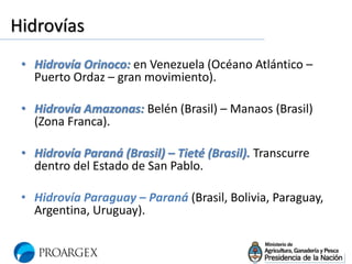 Hidrovías
• Hidrovía Orinoco: en Venezuela (Océano Atlántico –
Puerto Ordaz – gran movimiento).
• Hidrovía Amazonas: Belén (Brasil) – Manaos (Brasil)
(Zona Franca).
• Hidrovía Paraná (Brasil) – Tieté (Brasil). Transcurre
dentro del Estado de San Pablo.
• Hidrovía Paraguay – Paraná (Brasil, Bolivia, Paraguay,
Argentina, Uruguay).
 