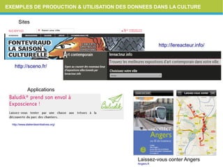 EXEMPLES DE PRODUCTION & UTILISATION DES DONNEES DANS LA CULTURE
Sites
Applications
http://sceno.fr/
http://lereacteur.info/
http://www.atelierdesinitiatives.org/
Laissez-vous conter Angers
Angers.fr
 