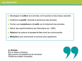LES OBJECTIFS
Développer la culturede la donnée, de l'ouverture et des enjeux associés
Améliorer la qualité, diversité et pertinence des données
Former aux compétencesetoutilssur le traitement des données
Mener des expérimentations par thématique (ex : ODE)
Valoriserles acteurs et assurerlelienentre les communautés
Mutualiserpour économiser et avancer plus rapidement
LeDatalab
Est un réseau d'acteurs
Agit comme une plateforme de rencontre
Facilite les projets mutualisés
 