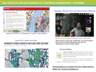 DES PROJETS LIÉS AUX DONNÉES ET CONTENUS NUMÉRIQUES - TOURISME
Utilisation des « check-in » pour identifier des « quartiers » et les interactions
Logiciel Far Out : prévision de la mobilité
Campagne « Remote Tourist » par Tourism Victoria - Melbourne
Tourisme d'affaires
Comparateurs et plate-formes réservations
Sites de recommandations
Découvrez les vidéos des “challenges” qui ont été relevés
par ces deux touristes téléguidés, ainsi que les
statistiques et cartes de leurs trajets !
 
