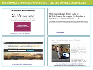 DES INITIATIVES EN FRANCE POUR L'OUVERTURE DES DONNEES CULTURELLES
Calculateur de Domaine Public
Guides d'ouverture de données
Le labo BNF
http://www.ladepeche.fr/article/2014/02/12/1816611
-cahors-l-oeuvre-d-henri-martin-s-exporte-sur-wikimedia.html
LeMinistèredelaCultureproactif
 