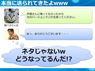 [29]
本当に送られてきたよwww
橘べるちぇ氏
声優さんに喋ってもらったから
次のバージョンでこれを使ってください。
あっ、ありがとうございます・・・
ネタじゃないw
どうなってるんだ!?
 