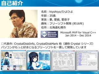 [4]
自己紹介
名前：hiyohiyo/ひよひよ
年齢：35歳
家族：妻, 愛娘, 愛息子
趣味：フリーソフト開発 (約16年)
住所：北海道札幌市
□代表作: CrystalDiskInfo, CrystalDiskMark 他（通称 Crystal シリーズ）
パソコンがもっと好きになるフリーソフトを一貫して開発しています
Microsoft MVP for Visual C++
Jan 2014 – Dec 2014
 