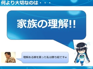 [49]
家族の理解!!
何より大切なのは・・・
理解ある嫁を貰った私は勝ち組ですw
 