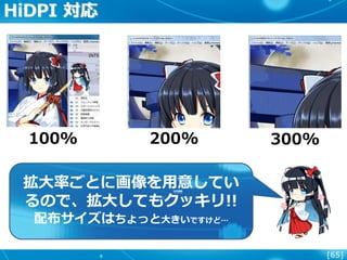 [65]
HiDPI 対応
100% 200% 300%
拡大率ごとに画像を用意してい
るので、拡大してもクッキリ!!
配布サイズはちょっと大きいですけど…
 