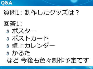 [73]
質問1: 制作したグッズは？
回答1:
ポスター
ポストカード
卓上カレンダー
かるた
など 今後も色々制作予定です
Q&A
 