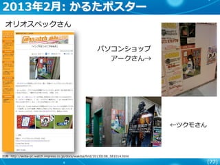 [77]
2013年2月: かるたポスター
オリオスペックさん
←ツクモさん
パソコンショップ
アークさん→
出典: http://akiba-pc.watch.impress.co.jp/docs/wakiba/find/20130108_581014.html
 