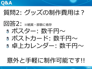 [80]
質問2: グッズの制作費用は？
回答2: ※紙質・部数に依存
ポスター: 数千円～
ポストカード: 数千円～
卓上カレンダー: 数千円～
意外と手軽に制作可能です!!
Q&A
 