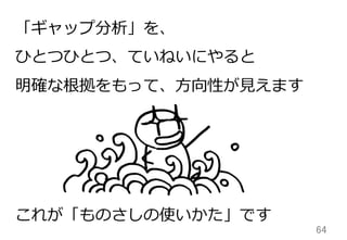64	
「ギャップ分析」を、
ひとつひとつ、ていねいにやると
明確な根拠をもって、⽅方向性が⾒見見えます
これが「ものさしの使いかた」です
 