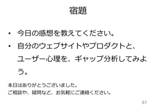 宿題
67	
本⽇日はありがとうございました。
ご相談や、疑問など、お気軽にご連絡ください。
•  今⽇日の感想を教えてください。
•  ⾃自分のウェブサイトやプロダクトと、
ユーザー⼼心理理を、ギャップ分析してみよ
う。
 
