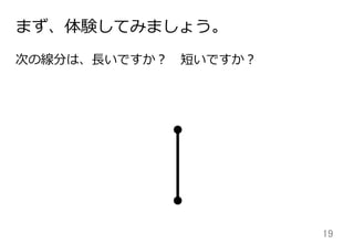 19	
まず、体験してみましょう。
次の線分は、⻑⾧長いですか？ 　短いですか？
 