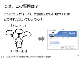 27	
では、この質問は？
このウェブサイトの、受験者をさらに増やすには、
どうすればよいでしょうか？
「ものさし」
ユーザー⼼心理理
引⽤用：  ウェブデザイン技能検定  http://www.webdesign.gr.jp/
 