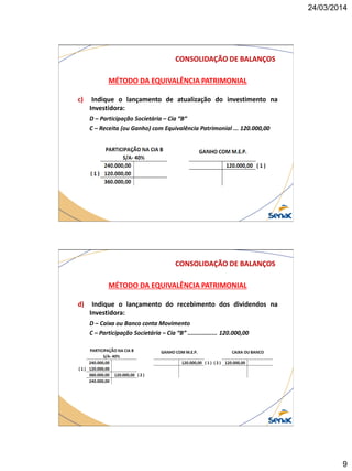 24/03/2014
9
CONSOLIDAÇÃO DE BALANÇOS
MÉTODO DA EQUIVALÊNCIA PATRIMONIAL
c) Indique o lançamento de atualização do investimento na
Investidora:
D – Participação Societária – Cia “B”
C – Receita (ou Ganho) com Equivalência Patrimonial ... 120.000,00
CONSOLIDAÇÃO DE BALANÇOS
MÉTODO DA EQUIVALÊNCIA PATRIMONIAL
d) Indique o lançamento do recebimento dos dividendos na
Investidora:
D – Caixa ou Banco conta Movimento
C – Participação Societária – Cia “B” ................. 120.000,00
 