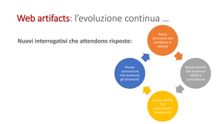 Web artifacts: l’evoluzione continua …
Nuovi
strumenti che
cambiano le
attività
Nuove attività
che evolvono
abilità e
competenze
Nuove abilità
che
costruiscono
conoscenze
Nuove
conoscenze
che evolvono
gli strumenti
Nuovi interrogativi che attendono risposte:
 