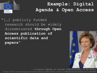 Example: Digital
Agenda & Open Access
“[…] publicly funded
research should be widely
disseminated through Open
Access publication of
scientific data and
papers”
A Digital Agenda for Europe (COM(2010)245, 19.05.2010),
http://eur-lex.europa.eu/LexUriServ/LexUriServ.do?uri=CELEX:52010DC0245(01):EN:NOT
 