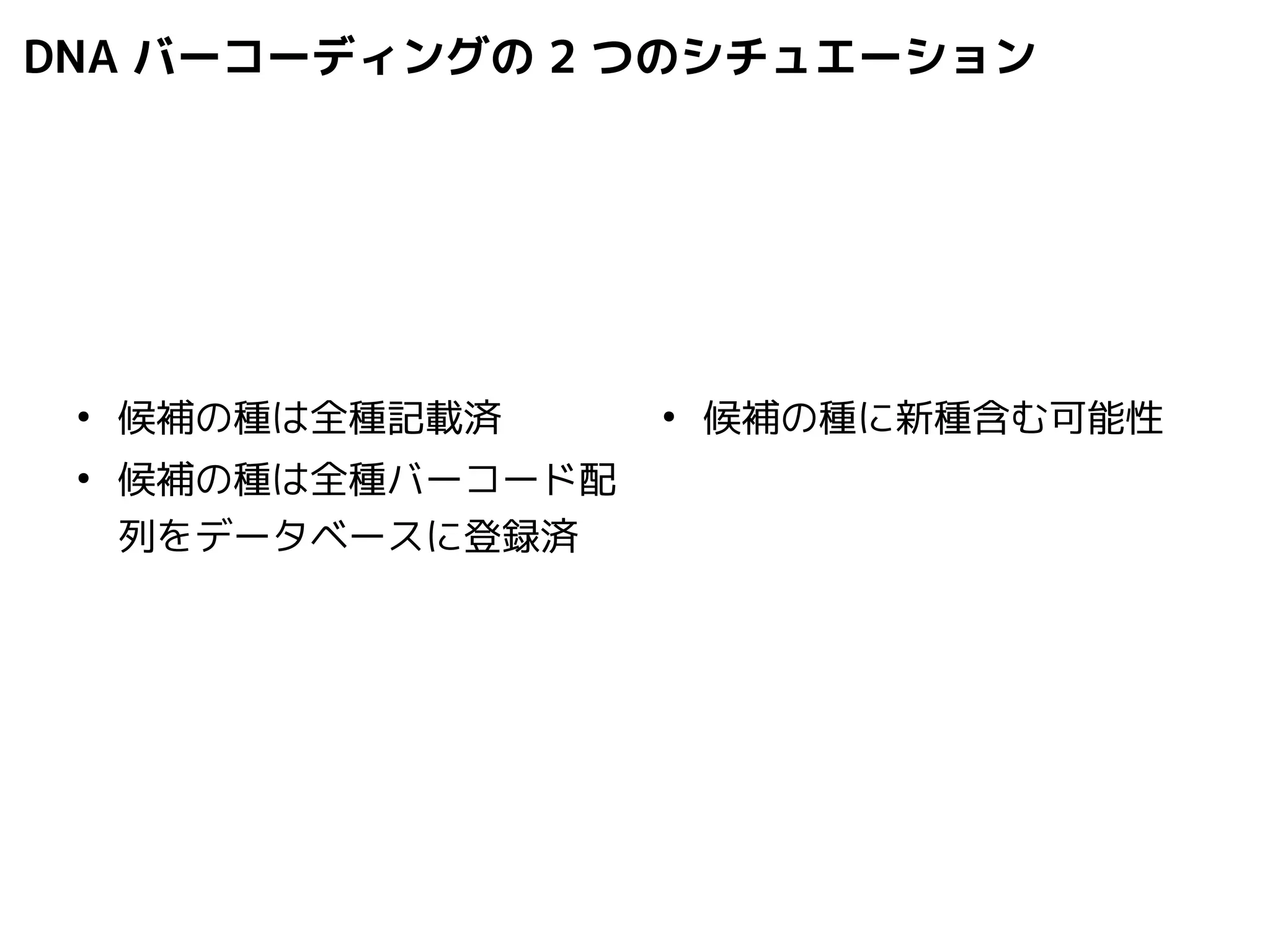 DNA バーコーディングの2 つのシチュエーション 
● 候補の種は全種記載済 
● 候補の種は全種バーコード配 
列をデータベースに登録済 
● 候補の種に新種含む可能性 
 