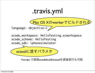 .travis.yml
language: objective-c
xcode_workspace: HelloTesting.xcworkspace
xcode_scheme: HelloTesting
xcode_sdk: iphonesimulator
Mac OS Xのworkerでビルドされる
xctoolに渡すパラメタ
※script: で直接xcodebuild/xctoolを直接実行も可能
14年3月27日木曜日
 