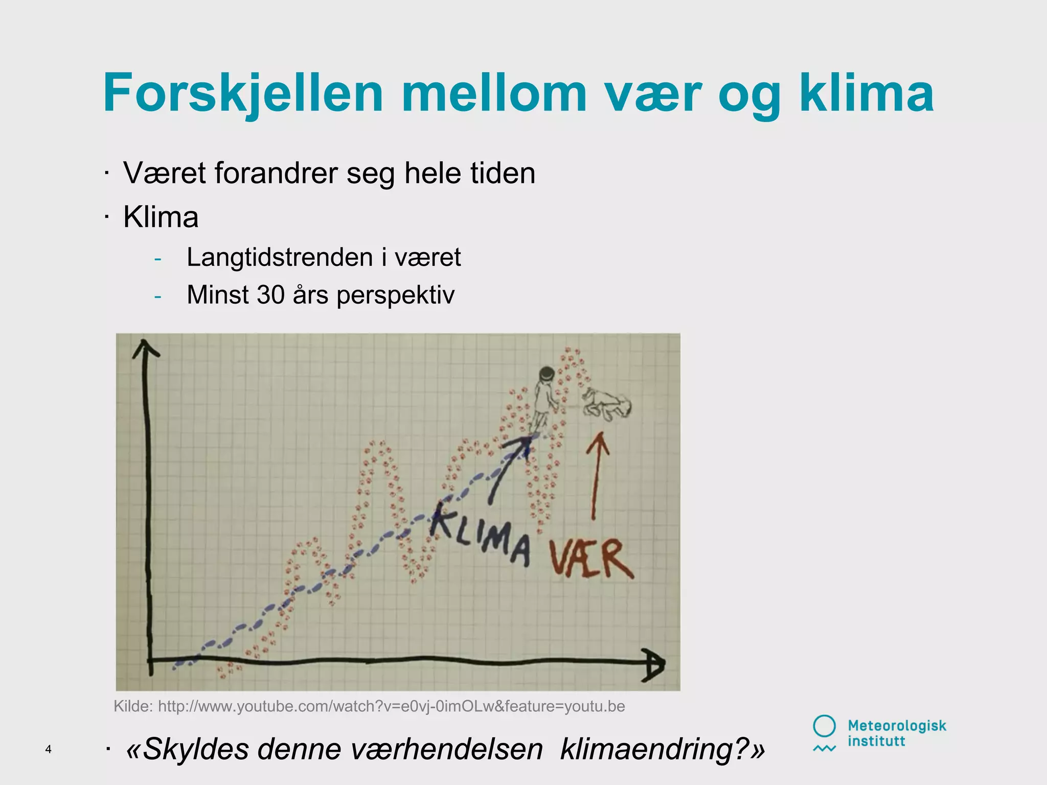 Forskjellen mellom vær og klima
· Været forandrer seg hele tiden
· Klima
- Langtidstrenden i været
- Minst 30 års perspektiv
4
· «Skyldes denne værhendelsen klimaendring?»
Kilde: http://www.youtube.com/watch?v=e0vj-0imOLw&feature=youtu.be
 