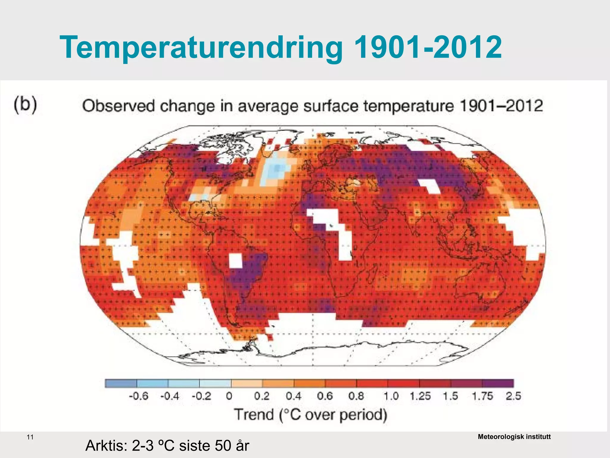 Meteorologisk institutt
Temperaturendring 1901-2012
11
Arktis: 2-3 ºC siste 50 år
 