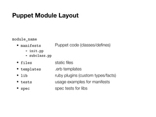 Puppet Module Layout
module_name
• manifests Puppet code (classes/defines)
- init.pp
- subclass.pp
• files static files
• templates .erb templates
• lib ruby plugins (custom types/facts)
• tests usage examples for manifests
• spec spec tests for libs
 