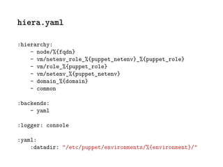 hiera.yaml
:hierarchy:
- node/%{fqdn}
- vm/netenv_role_%{puppet_netenv}_%{puppet_role}
- vm/role_%{puppet_role}
- vm/netenv_%{puppet_netenv}
- domain_%{domain}
- common
:backends:
- yaml
:logger: console
:yaml:
:datadir: "/etc/puppet/environments/%{environment}/"
 