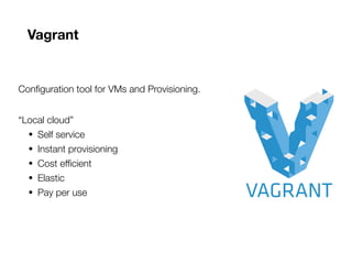 Vagrant
Configuration tool for VMs and Provisioning.
“Local cloud”
• Self service
• Instant provisioning
• Cost efficient
• Elastic
• Pay per use
 