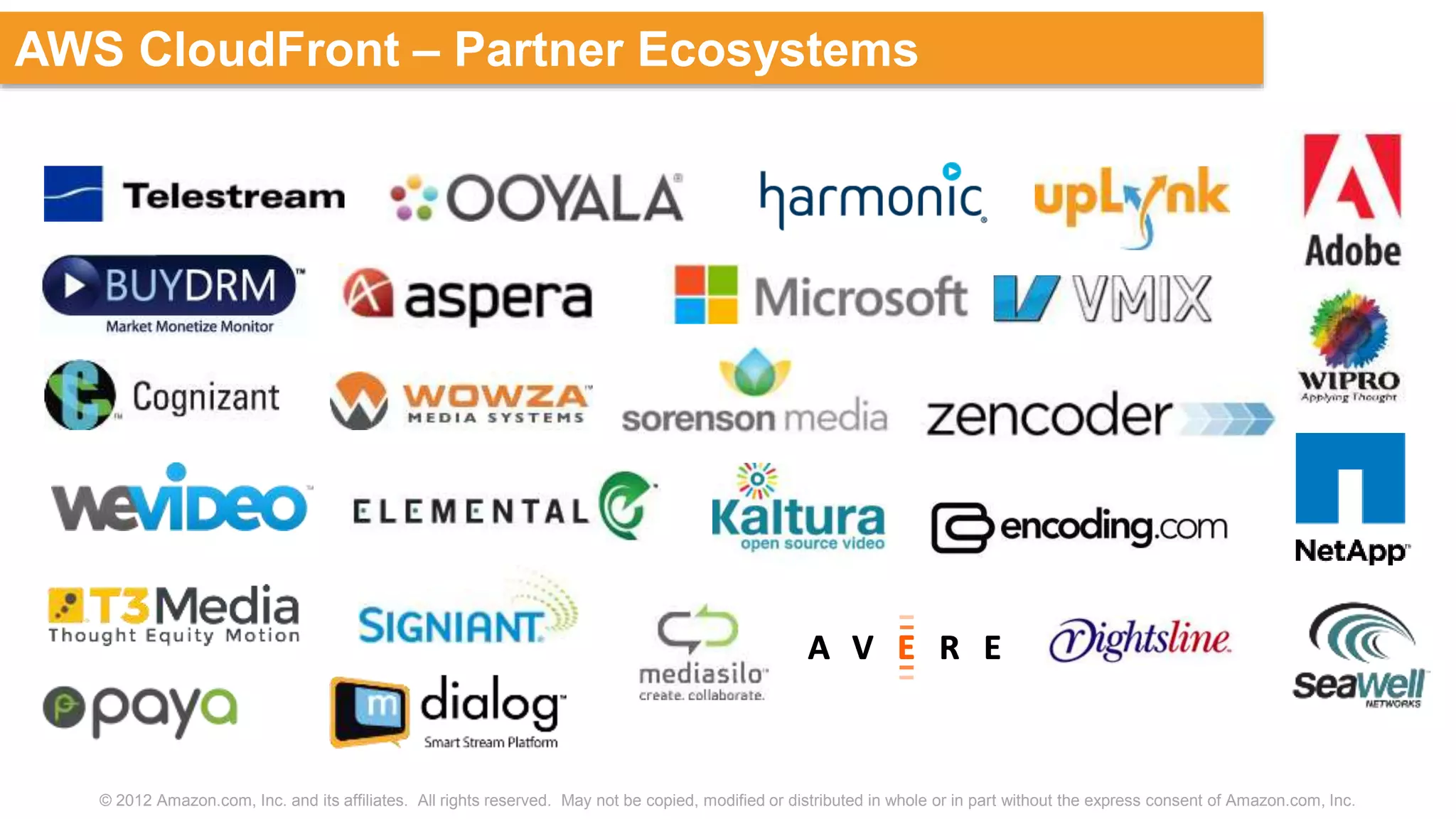 © 2012 Amazon.com, Inc. and its affiliates. All rights reserved. May not be copied, modified or distributed in whole or in part without the express consent of Amazon.com, Inc.
AWS CloudFront – Partner Ecosystems
 