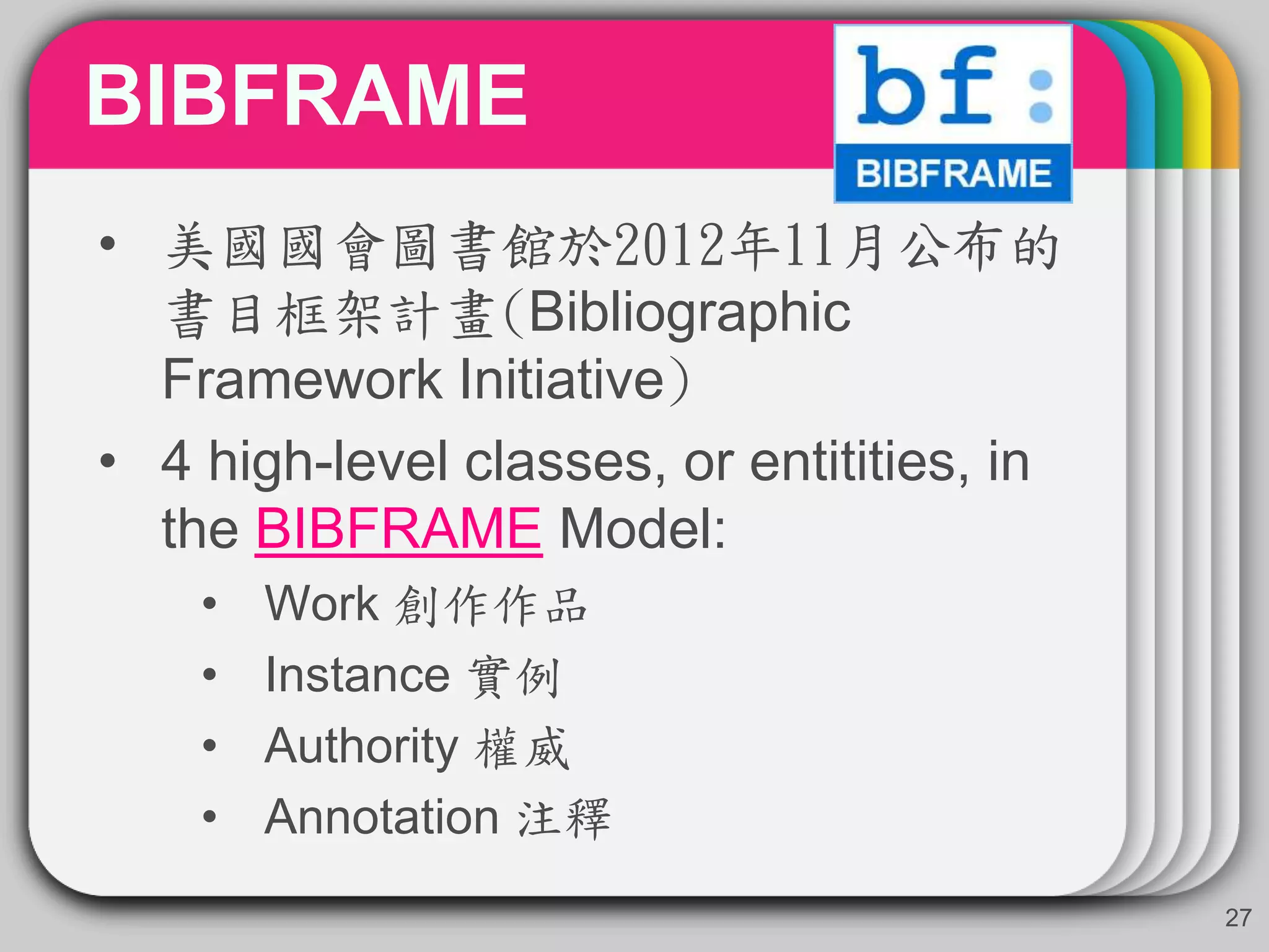 BIBFRAME
27
• 美國國會圖書館於2012年11月公布的
書目框架計畫(Bibliographic
Framework Initiative)
• 4 high-level classes, or entitities, in
the BIBFRAME Model:
• Work 創作作品
• Instance 實例
• Authority 權威
• Annotation 注釋
 