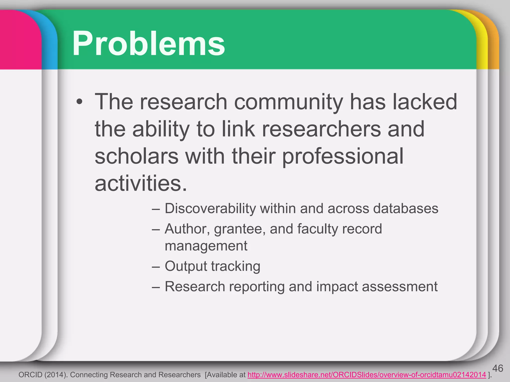 Problems
46
ORCID (2014). Connecting Research and Researchers [Available at http://www.slideshare.net/ORCIDSlides/overview-of-orcidtamu02142014 ].
• The research community has lacked
the ability to link researchers and
scholars with their professional
activities.
– Discoverability within and across databases
– Author, grantee, and faculty record
management
– Output tracking
– Research reporting and impact assessment
 