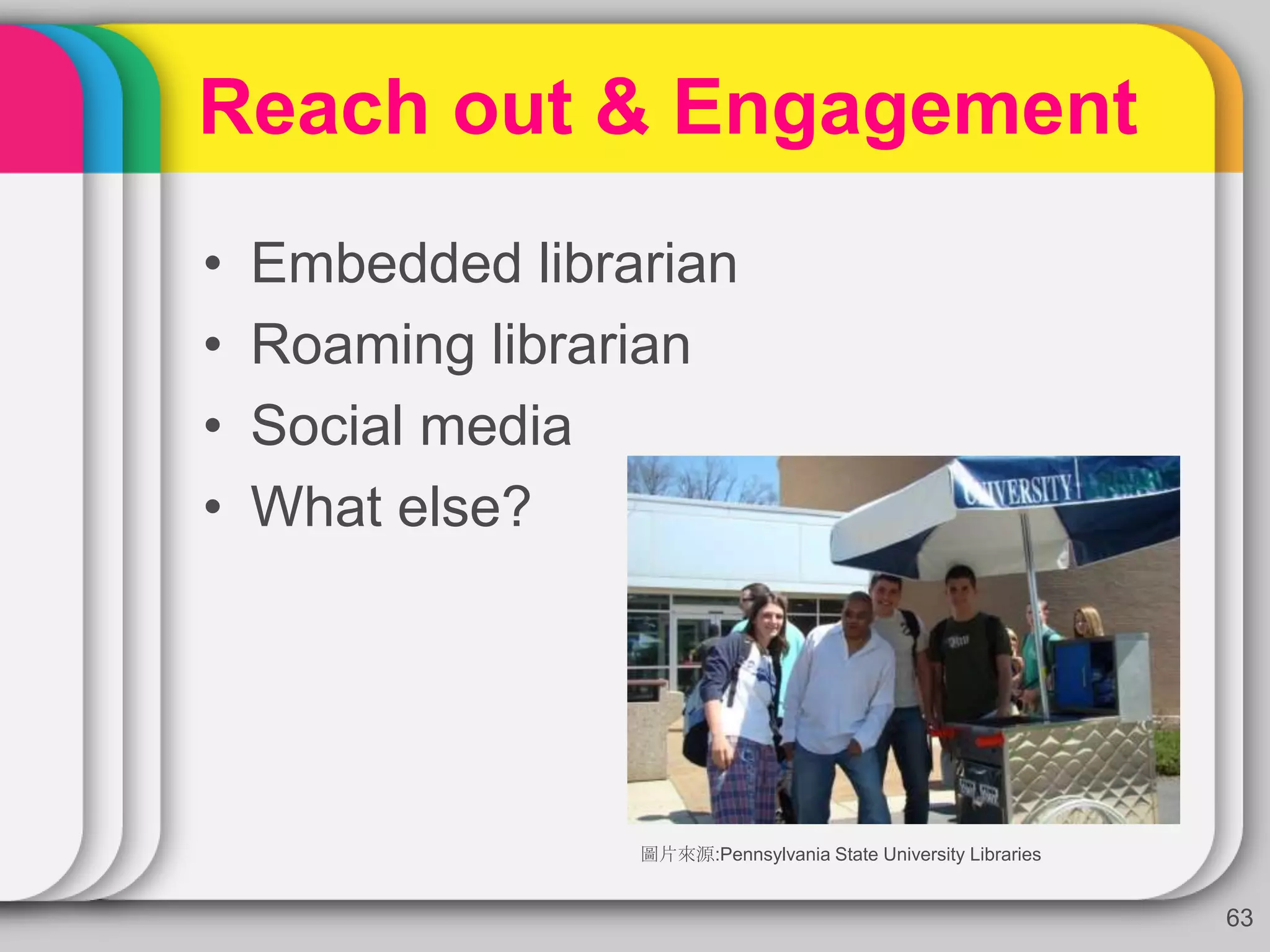 Reach out & Engagement
• Embedded librarian
• Roaming librarian
• Social media
• What else?
63
圖片來源:Pennsylvania State University Libraries
 