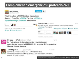 20 ‘Com han de comunicar les institucions’. Jordi Graells i Costa. Citilab, 28 de març de 2014 CC – BY 3.0
Complement d’emergències i protecció civil
‘Com han de comunicar les institucions’. Jordi Graells i Costa. Citilab, 28 de març de 2014 CC – BY 3.0
 