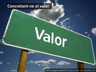 28 ‘Com han de comunicar les institucions’. Jordi Graells i Costa. Citilab, 28 de març de 2014 CC – BY 3.0
Concretant-ne el valor
‘Com han de comunicar les institucions’. Jordi Graells i Costa. Citilab, 28 de març de 2014 CC – BY 3.0
 