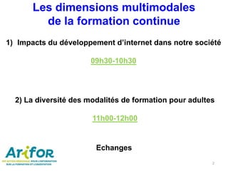 2) La diversité des modalités de formation pour adultes
11h00-12h00
1) Impacts du développement d’internet dans notre société
09h30-10h30
Echanges
2
Les dimensions multimodales
de la formation continue
 