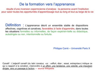 Définition : L'apprenance décrit un ensemble stable de dispositions
affectives, cognitives et conatives, favorables à l'acte d'apprendre, dans toutes
les situations formelles ou informelles, de façon expérien-tielle ou didactique,
autodirigée ou non, intentionnelle ou fortuite.
De la formation vers l’apprenance
résulte d’une inversion copernicienne d’analyse : la personne avant l‘institution
pour saisir toutes les opportunités d’apprentissage tout au long et tout au large de la vie
33
Philippe Carré – Université Paris X
Conatif : L'adjectif conatif (du latin conatus, -us : «effort, élan ; essai, entreprise») indique ce
qui a rapport à la conation, c'est-à-dire à un effort, une tendance, une volonté, une impulsion
dirigée vers un passage à l'action. – source Wikipedia
 
