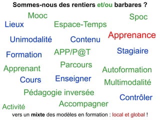 vers un mixte des modèles en formation : local et global !
Unimodalité
Multimodalité
Stagiaire
Apprenant
Cours
Parcours
Activité
Contenu
Formation
Apprenance
Accompagner
Enseigner
Sommes-nous des rentiers et/ou barbares ?
Lieux Espace-Temps
Mooc Spoc
Autoformation
Pédagogie inversée
Contrôler
APP/P@T
 