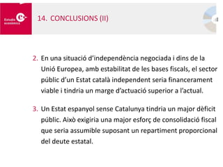 2. En una situació d’independència negociada i dins de la
Unió Europea, amb estabilitat de les bases fiscals, el sector
públic d’un Estat català independent seria financerament
viable i tindria un marge d’actuació superior a l’actual.
3. Un Estat espanyol sense Catalunya tindria un major dèficit
públic. Això exigiria una major esforç de consolidació fiscal
que seria assumible suposant un repartiment proporcional
del deute estatal.
14. CONCLUSIONS (II)
 